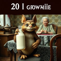 A realistic film poster featuring a 20-year-old brownie, depicted as a mischievous yet charming creature with features reminiscent of Slavic mythology, holding a bottle of coconut milk, set in a nostalgic old Soviet kitchen