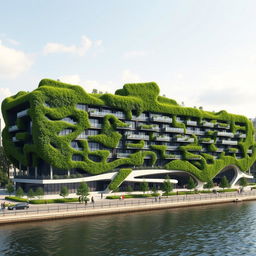 A bionic and futuristic building with a cutting-edge design, featuring numerous balconies lush with grass and trees, creating a living, green facade