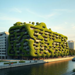 A bionic and futuristic building with a cutting-edge design, featuring numerous balconies lush with grass and trees, creating a living, green facade