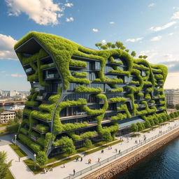 A bionic and futuristic building with a cutting-edge design, featuring numerous balconies lush with grass and trees, creating a living, green facade