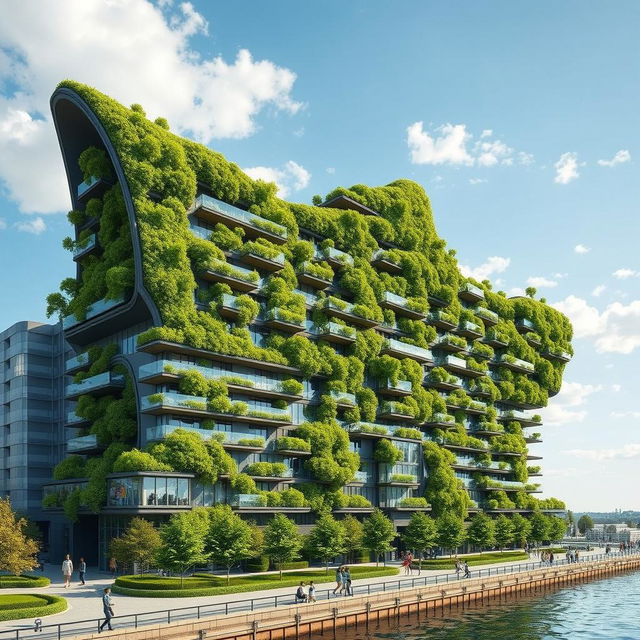 A bionic and futuristic building with a cutting-edge design, featuring numerous balconies lush with grass and trees, creating a living, green facade