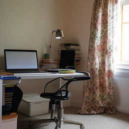 A cozy, well-lit study room with a laptop, textbooks, and study materials strewn across a table. A comfortable chair and neatly made bed add to the homely atmosphere.