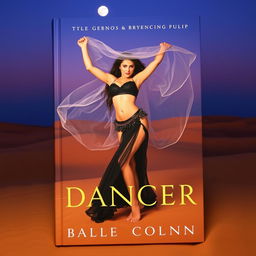 A book cover featuring a seductive belly dancer performing in a desert setting