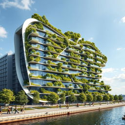 A bionic and futuristic building with a sleek modern design, featuring numerous balconies lush with grass and trees, offering an eco-friendly appearance