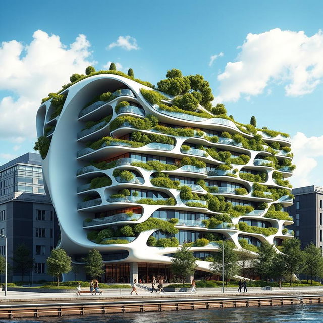 A bionic and futuristic building with a sleek modern design, featuring numerous balconies lush with grass and trees, offering an eco-friendly appearance