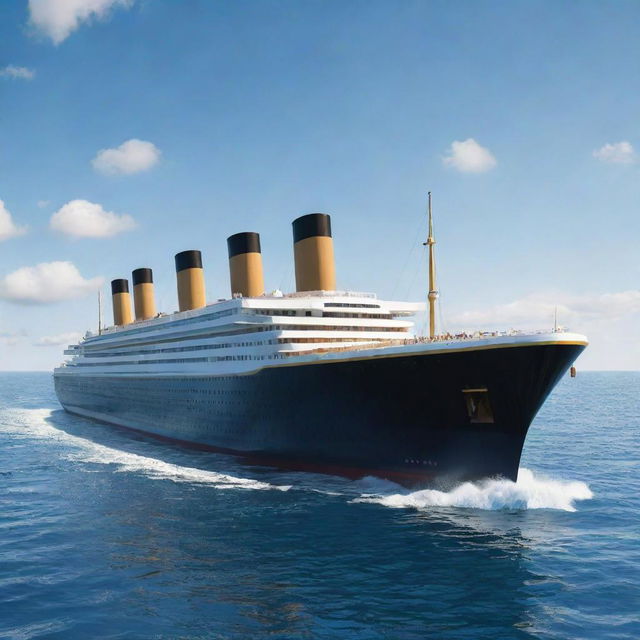 A 2024 version of Titanic. A modern-day reinterpretation of the iconic ocean liner featuring enhanced technology, sleek design elements, energy-efficient propulsion systems, and innovative safety features, elegantly slicing through the azure ocean on a sunny day.