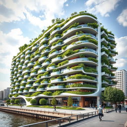 A bionic and futuristic building with a sleek modern design, featuring numerous balconies lush with grass and trees, offering an eco-friendly appearance