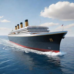 A 2024 version of Titanic. A modern-day reinterpretation of the iconic ocean liner featuring enhanced technology, sleek design elements, energy-efficient propulsion systems, and innovative safety features, elegantly slicing through the azure ocean on a sunny day.