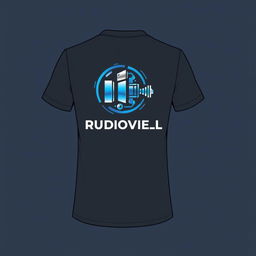 Design of a modern and stylish t-shirt for a technical audiovisual course, featuring a unique and creative logo representing audiovisual elements such as a camera, film reel, and sound waves on the front