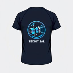 Design of a modern and stylish t-shirt for a technical audiovisual course, featuring a unique and creative logo representing audiovisual elements such as a camera, film reel, and sound waves on the front