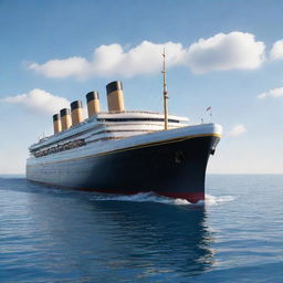 A 2024 version of Titanic. A modern-day reinterpretation of the iconic ocean liner featuring enhanced technology, sleek design elements, energy-efficient propulsion systems, and innovative safety features, elegantly slicing through the azure ocean on a sunny day.