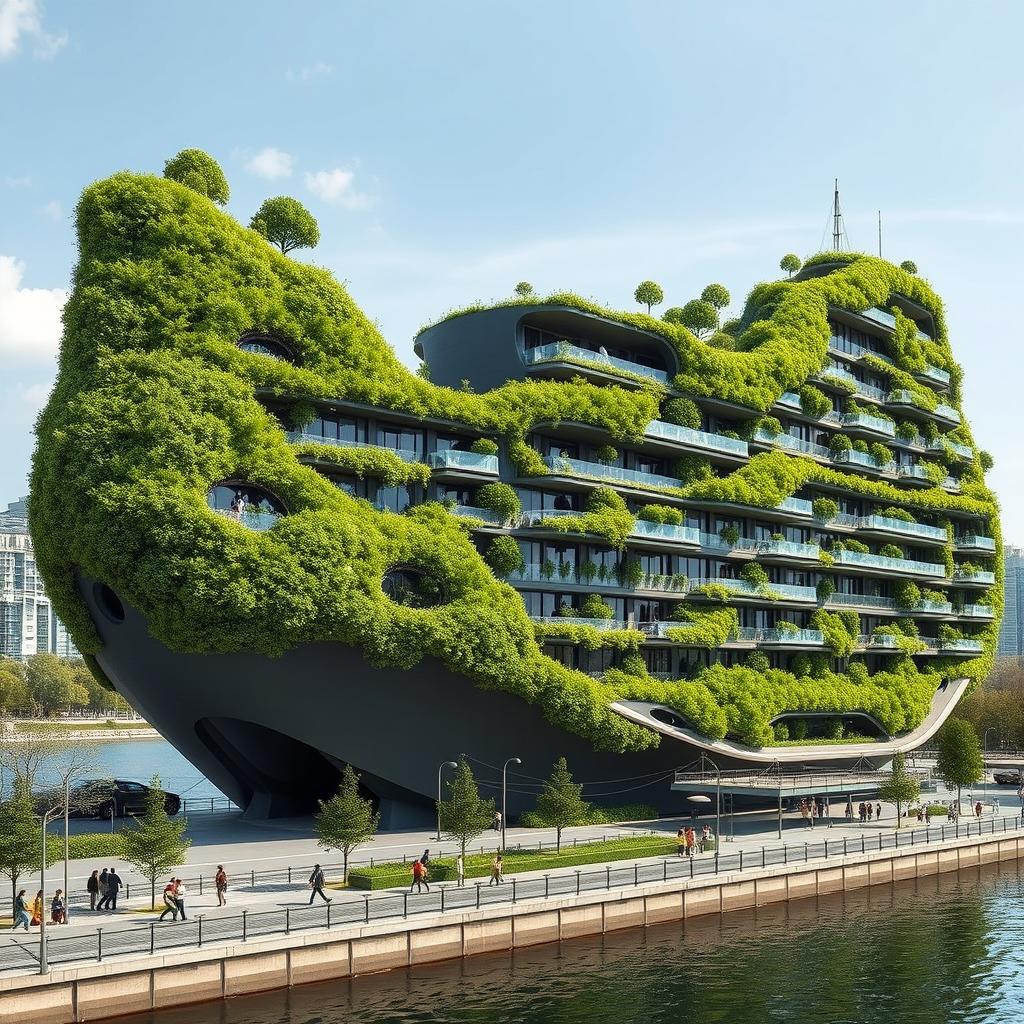 A bionic and futuristic building designed to resemble a fantasy ship, featuring numerous balconies lush with grass and trees, creating a natural, living facade