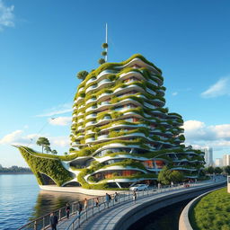 A bionic and futuristic building designed to resemble a fantasy ship, featuring numerous balconies lush with grass and trees, creating a natural, living facade