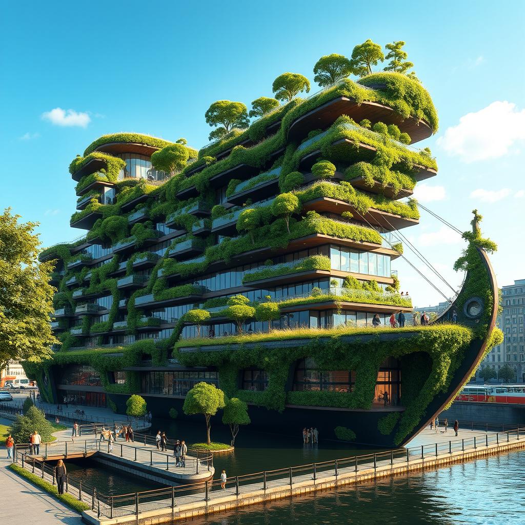 A bionic and futuristic building designed to resemble a fantasy ship, featuring numerous balconies lush with grass and trees, creating a natural, living facade