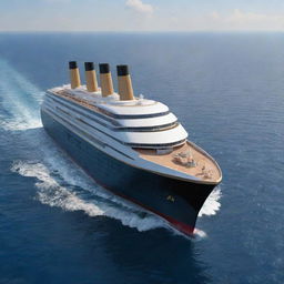 A 2024 version of Titanic. A modern-day reinterpretation of the iconic ocean liner featuring enhanced technology, sleek design elements, energy-efficient propulsion systems, and innovative safety features, elegantly slicing through the azure ocean on a sunny day.