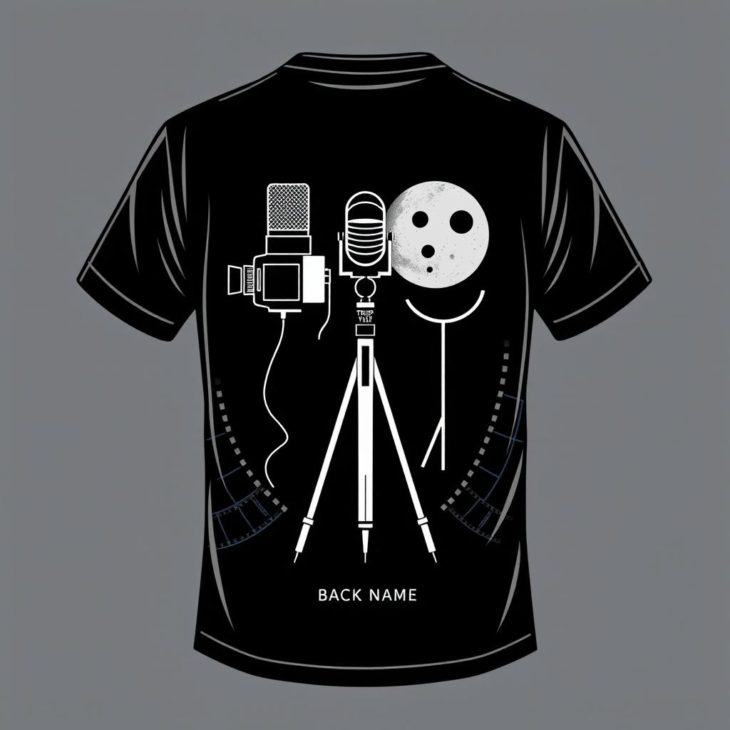 A t-shirt design for a technical course in audiovisual production, showcasing elements like a camera, microphone, light tripod, and a reference to the iconic film "A Trip to the Moon"