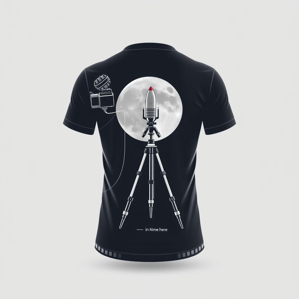 A t-shirt design for a technical course in audiovisual production, showcasing elements like a camera, microphone, light tripod, and a reference to the iconic film "A Trip to the Moon"