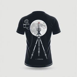 A t-shirt design for a technical course in audiovisual production, showcasing elements like a camera, microphone, light tripod, and a reference to the iconic film "A Trip to the Moon"