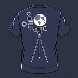 A t-shirt design for a technical course in audiovisual production, showcasing elements like a camera, microphone, light tripod, and a reference to the iconic film "A Trip to the Moon"