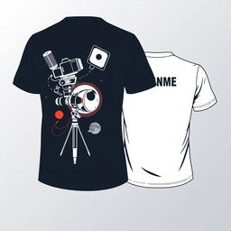 A t-shirt design for a technical course in audiovisual production, showcasing elements like a camera, microphone, light tripod, and a reference to the iconic film "A Trip to the Moon"