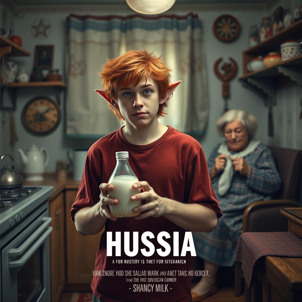 A realistic movie poster featuring a 20-year-old red-haired shaggy guy with elf ears, standing in an old Soviet kitchen
