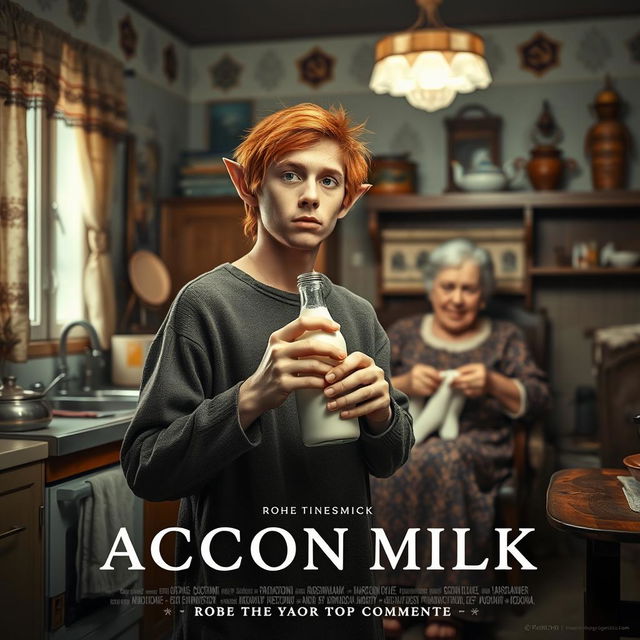 A realistic movie poster featuring a 20-year-old red-haired shaggy guy with elf ears, standing in an old Soviet kitchen