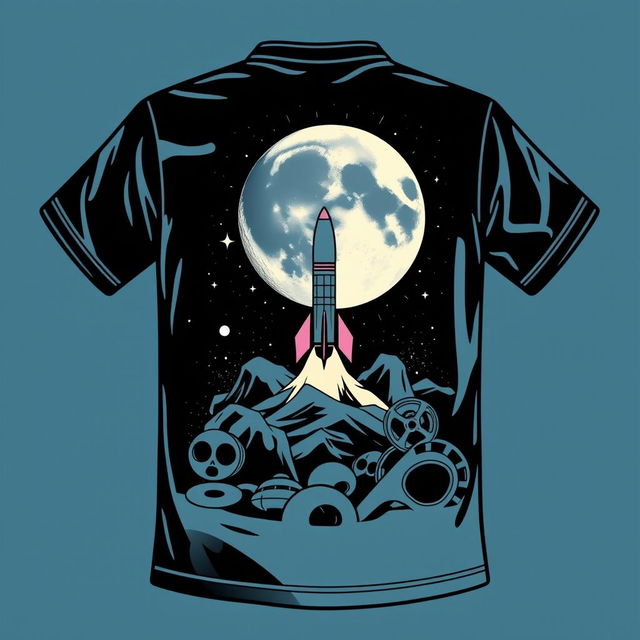 T-shirt design for a technical audiovisual course, featuring elements inspired by the first film "A Trip to the Moon"