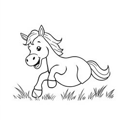 well-constructed black and white line drawing of a cute horse rolling on the grass happily