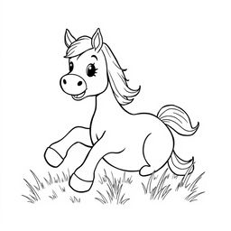 well-constructed black and white line drawing of a cute horse rolling on the grass happily