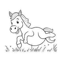 well-constructed black and white line drawing of a cute horse rolling on the grass happily