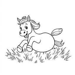 well-constructed black and white line drawing of a cute horse rolling on the grass happily