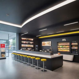 A futuristic version of a McDonald's outlet, visualizing it 150 years from now with advanced technology, modern aesthetics, and revolutionary food-serving mechanisms.