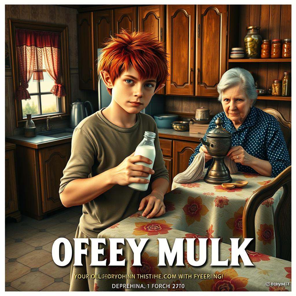 A realistic film poster featuring a twenty-year-old red-haired shaggy guy with elf ears, holding a bottle of coconut milk