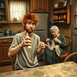 A realistic film poster featuring a twenty-year-old red-haired shaggy guy with elf ears, holding a bottle of coconut milk