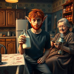 A realistic film poster featuring a twenty-year-old red-haired shaggy guy with elf ears, holding a bottle of coconut milk