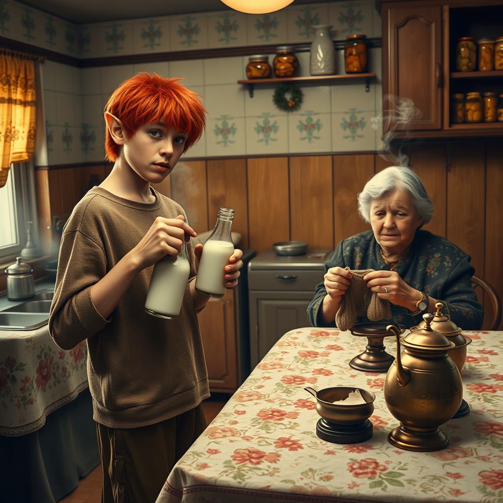 A realistic film poster featuring a twenty-year-old red-haired shaggy guy with elf ears, holding a bottle of coconut milk