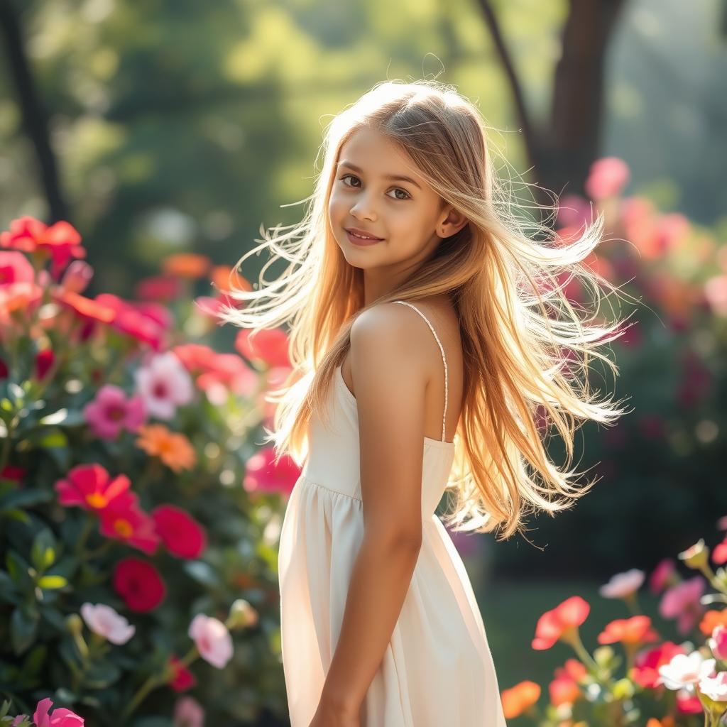 A beautiful girl with flowing hair standing in a garden, surrounded by vibrant flowers and sunlight filtering through the trees