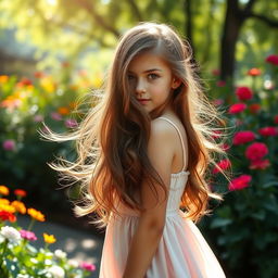 A beautiful girl with flowing hair standing in a garden, surrounded by vibrant flowers and sunlight filtering through the trees