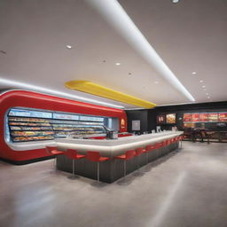 A futuristic version of a McDonald's outlet, visualizing it 150 years from now with advanced technology, modern aesthetics, and revolutionary food-serving mechanisms.