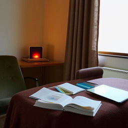 A cozy, well-lit study room with a laptop, textbooks, and study materials strewn across a table. A comfortable chair and neatly made bed add to the homely atmosphere.