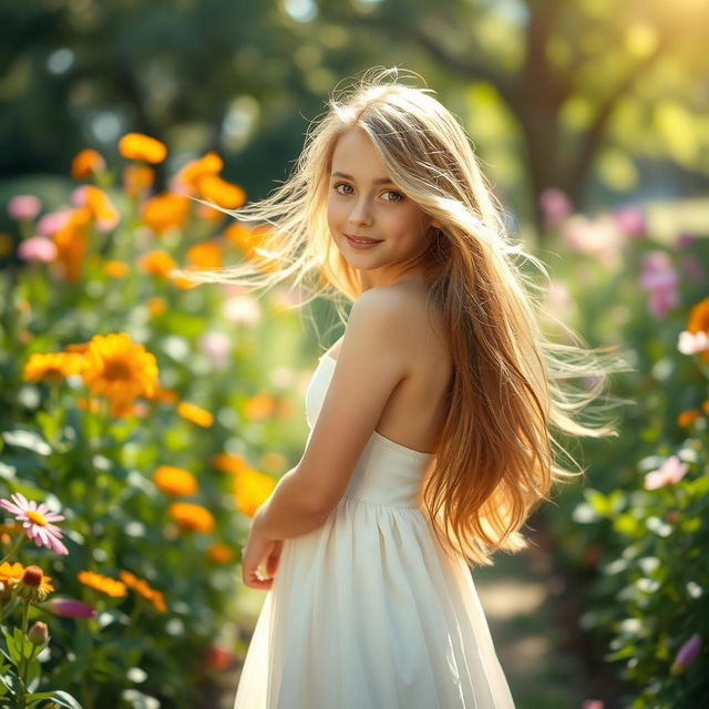 A beautiful girl with flowing hair standing in a garden, surrounded by vibrant flowers and sunlight filtering through the trees