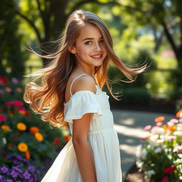 A beautiful girl with flowing hair standing in a garden, surrounded by vibrant flowers and sunlight filtering through the trees