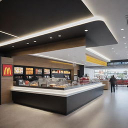 A futuristic version of a McDonald's outlet, visualizing it 150 years from now with advanced technology, modern aesthetics, and revolutionary food-serving mechanisms.