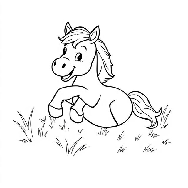 well-constructed black and white line drawing of a cute horse rolling on the grass happily