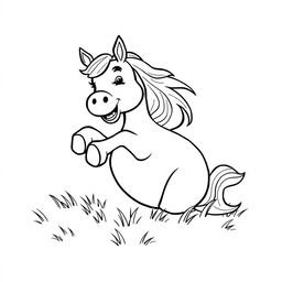 well-constructed black and white line drawing of a cute horse rolling on the grass happily