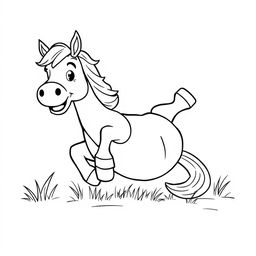 well-constructed black and white line drawing of a cute horse rolling on the grass happily