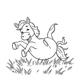 well-constructed black and white line drawing of a cute horse rolling on the grass happily