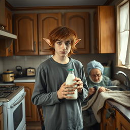 A realistic film poster featuring a twenty-year-old shaggy red-haired guy with elf ears, standing in an old Soviet kitchen