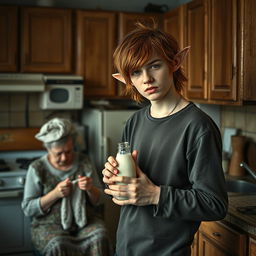 A realistic film poster featuring a twenty-year-old shaggy red-haired guy with elf ears, standing in an old Soviet kitchen