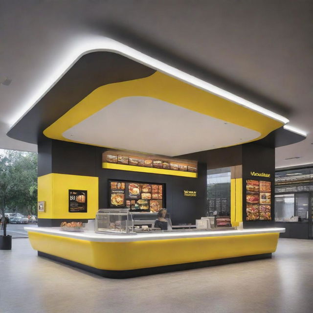 A futuristic version of a McDonald's outlet, visualizing it 150 years from now with advanced technology, modern aesthetics, and revolutionary food-serving mechanisms.